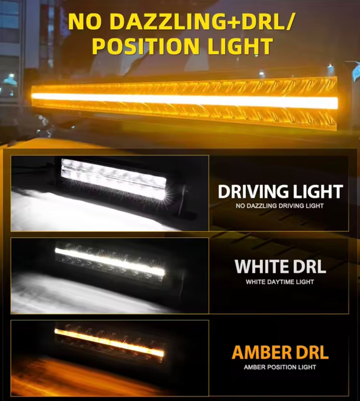 Barra luminosa a led a doppia fila da 32” pollici  antiriflesso, DRL bianco e ambra con staffa laterale e inferiore