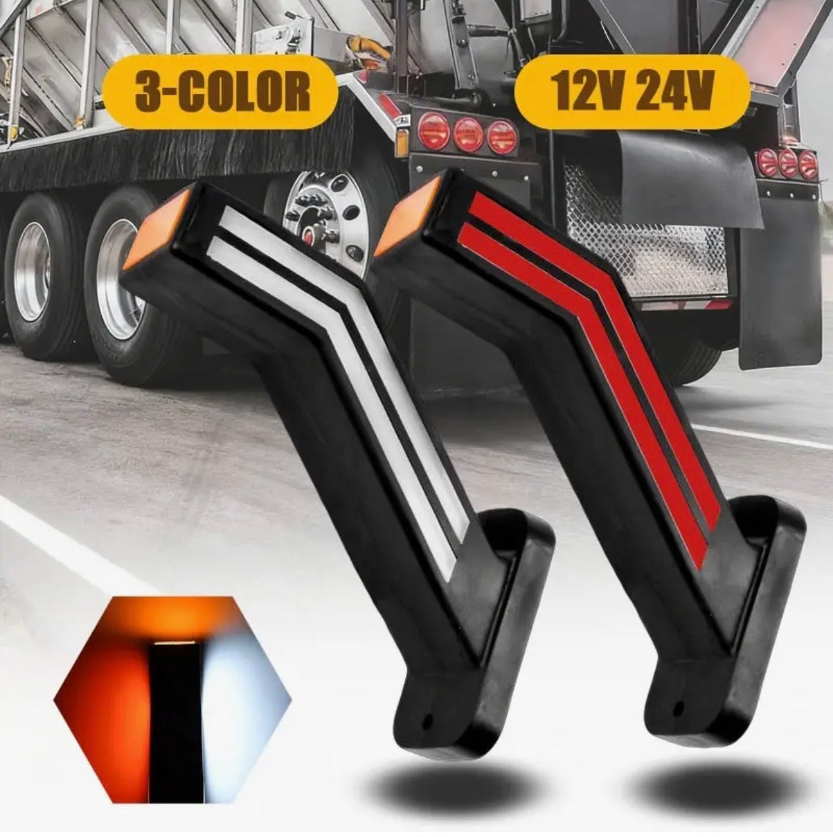 Set di 2 luci led per camion, con design a flusso tricolore, adatte per rimorchi e compatibili con sistemi 12V-24V